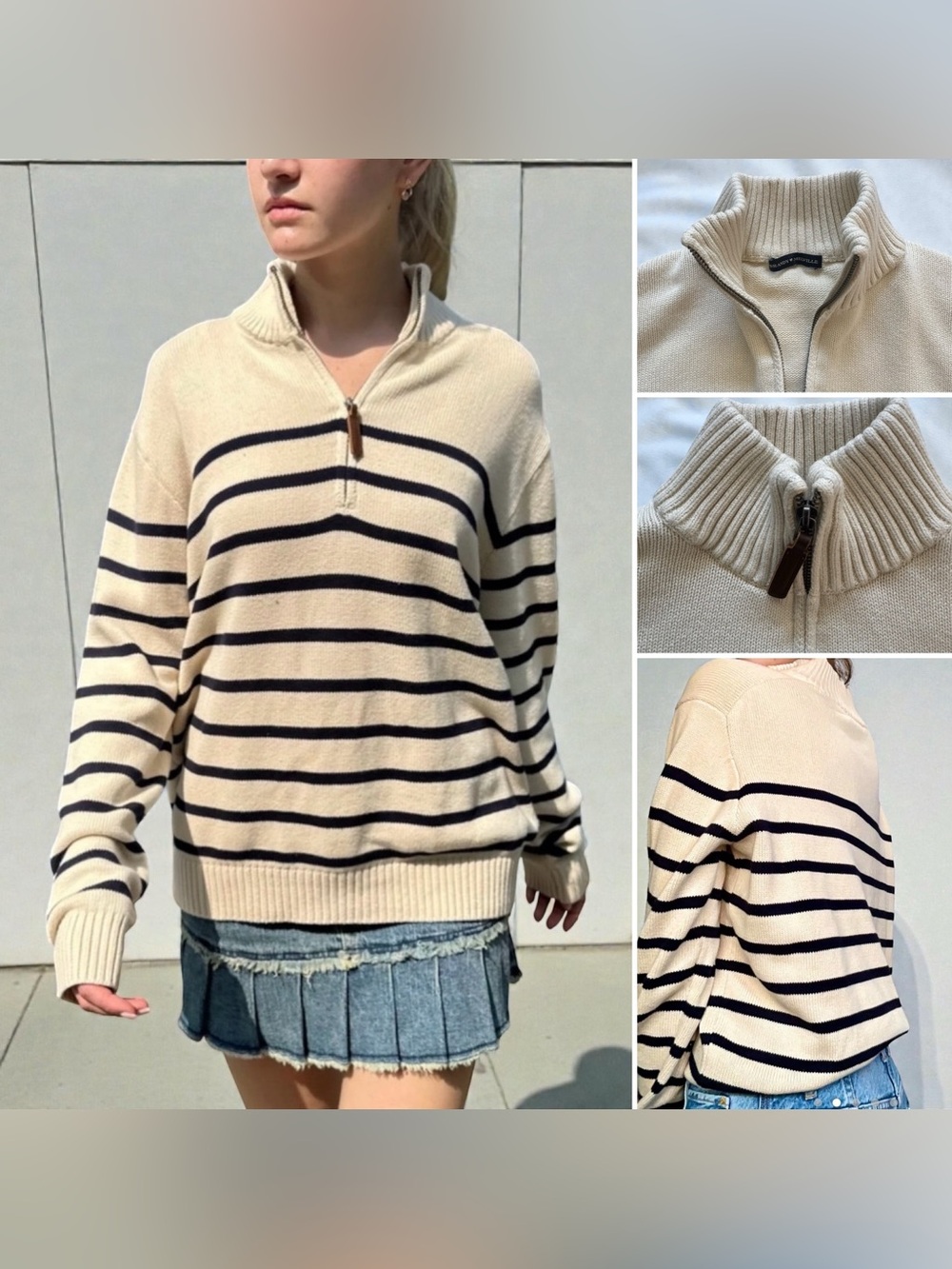 Brandy Melville Blue White Stripped 1/4 Zip Sweater Nautical Preppy Women O/S